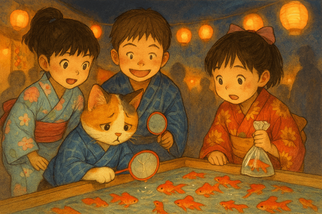 しょんぼり猫と金魚すくい